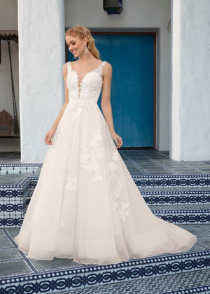 Ivory Lace Organza Deep V Back Simple Wedding Dress